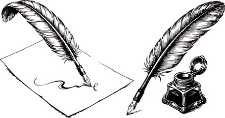 Traditional vintage feather quill pen writing on paper with an old inkwell for literature and history, ink bottle © Pnt