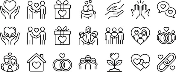 Fototapeta premium Collection of love and relationship line icons representing romance marriage family connections with relationship