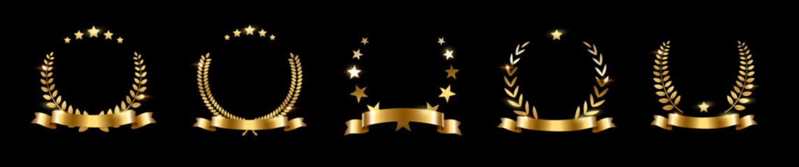 Obraz premium Gold award laurel wreaths with stars, ribbon and empty place for name of winner. Golden prize for awarding ceremony, championship, best player, diploma. Quality certified icon. Vector illustration.