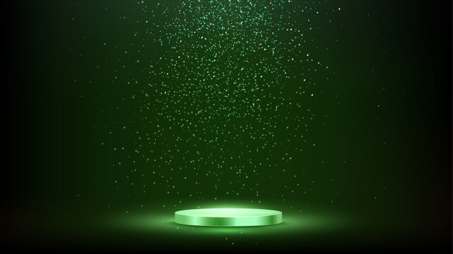 Green award podium sparkle background. Color platform with falling glitter particles, warm glow, soft shadow on dark backdrop. Festive luxury ceremony vector illustration.