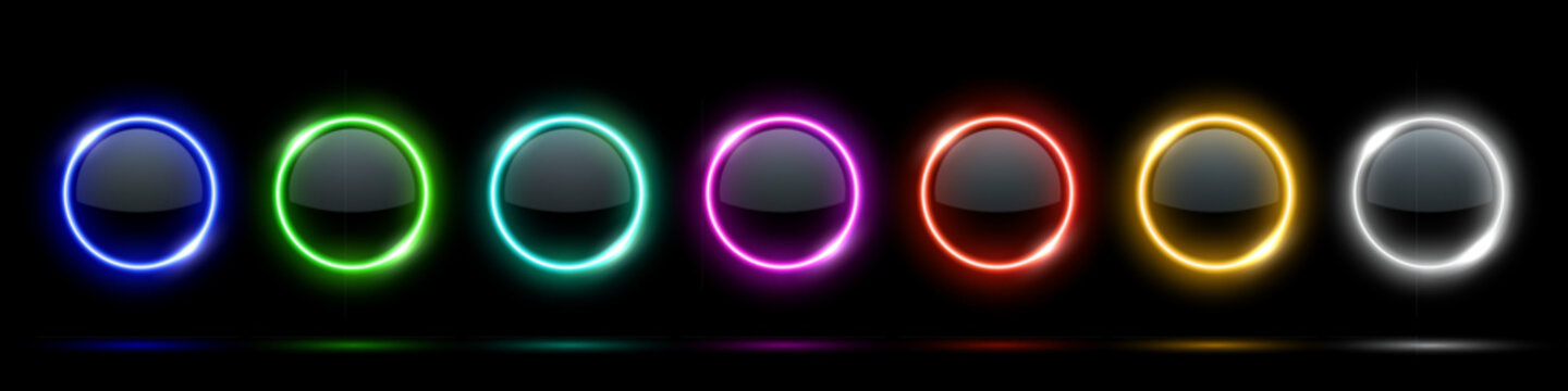 Neon light glass buttons. Color round frames with glowing glass surface and soft reflections on black. Futuristic abstract vector illustration for UI design, sci-fi elements, modern tech interfaces.