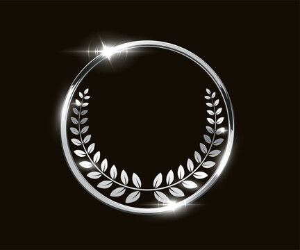 Silver award medal. Steel award winner emblem. Shiny round frame with wreath laurel and light sparkles on dark background for winners ceremony, branding, rewards. Luxury elegant vector illustration
