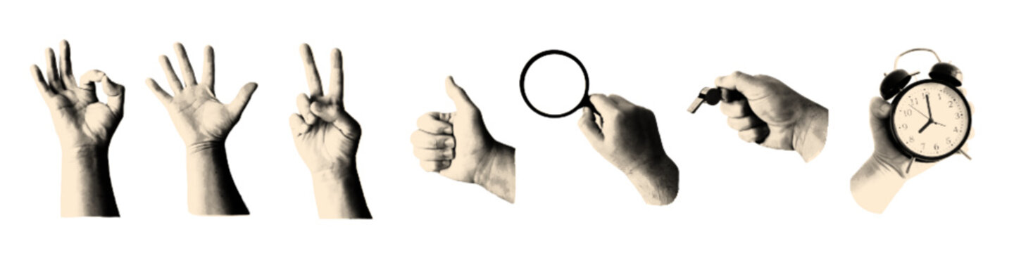 Hands gesture halftone collage. Hands with okay sign, open palm, peace sign, thumb up, magnifier, whistle, alarm clock isolated on white background. Trendy monochrome vector illustration.