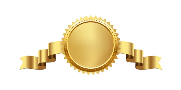 Gold medal with horizontal ribbon. 3d golden award badge isolated on white. Design element for labels, certificates, prizes, winners, sales, discounts, diplomas. Realistic vector illustration.