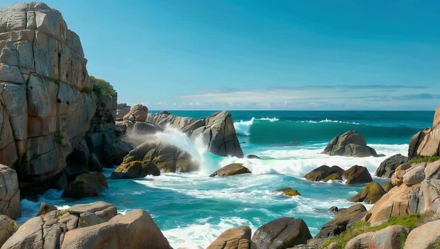 High clarity 4K coastal video tracking powerful ocean waves crashing into jagged barnacle covered rock shorelines under bright midday sunbeams with imposing monolithic stone sea stacks framing the