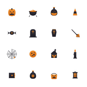 Halloween icon set - 16 black and orange duotone vector icons. Pumpkin, cauldron, potion, candy corn, tombstone, coffin, broom, spider web, haunted house and more flat symbols, isolated on.