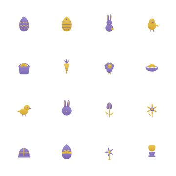 Easter icon set - 16 lilac and yellow duotone vector icons. Easter egg, bunny, chick, basket, carrot, lamb, duckling, tulip and more flat spring holiday symbols with gradient, isolated.