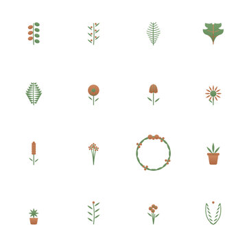Botanical icon set - 16 sage green and terracotta duotone vector icons. Eucalyptus, olive branch, fern, monstera, palm, rose, tulip, lavender, succulent and more flat leaf and flower symbols.