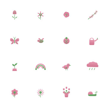 Spring icon set - 16 pink and green duotone vector icons. Tulip, daffodil, cherry blossom, butterfly, bee, ladybug, watering can, rainbow and more flat nature symbols with gradient, isolated.