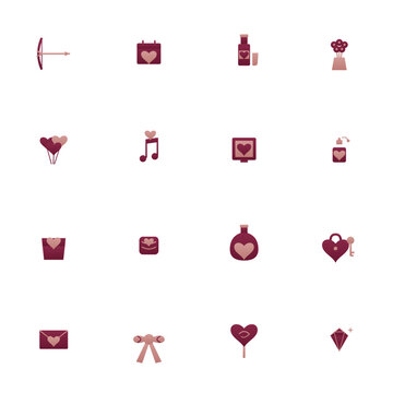 Romance icon set - 16 burgundy and rose gold duotone vector icons. Cupid bow, calendar, wine, bouquet, heart balloons, perfume, love potion, diamond and more flat date night symbols, isolated.