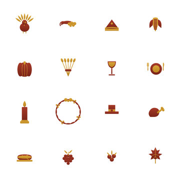 Thanksgiving icon set - 16 red and mustard duotone vector icons. Turkey, cornucopia, pumpkin pie, corn, wine, pilgrim hat, drumstick, grapes and more flat holiday dinner symbols with gradient.