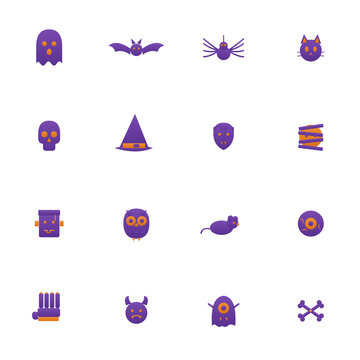 Halloween icon set - 16 purple and orange duotone vector icons. Ghost, bat, spider, black cat, skull, witch hat, vampire, mummy, owl and more flat spooky Halloween characters with soft gradient.