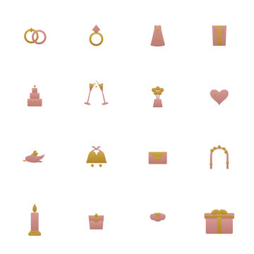 Wedding icon set - 16 blush rose and gold duotone vector icons. Rings, diamond ring, dress, tuxedo, cake, champagne, bouquet, dove, bells and more flat marriage symbols with gradient, isolated.