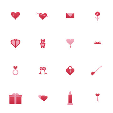 Valentine icon set - 16 red and pink duotone vector icons. Heart, love letter, rose, chocolate box, teddy bear, kiss lips, ring, cupid arrow and more flat love symbols with gradient, isolated.