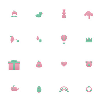 Baby shower icon set - 16 pink and mint duotone vector icons. Rocking horse, rubber duck, bunny, elephant, stork, footprints, hot air balloon, crown and more flat cute baby symbols, isolated.