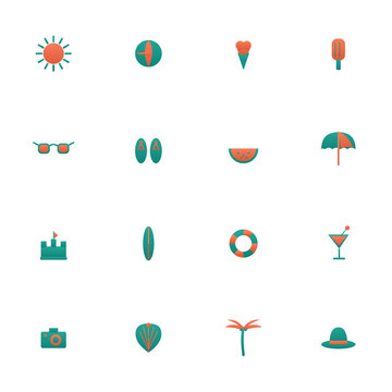 Summer icon set - 16 teal and coral duotone vector icons. Sun, beach ball, ice cream, sunglasses, watermelon, beach umbrella, surfboard, cocktail and more flat vacation symbols with gradient.