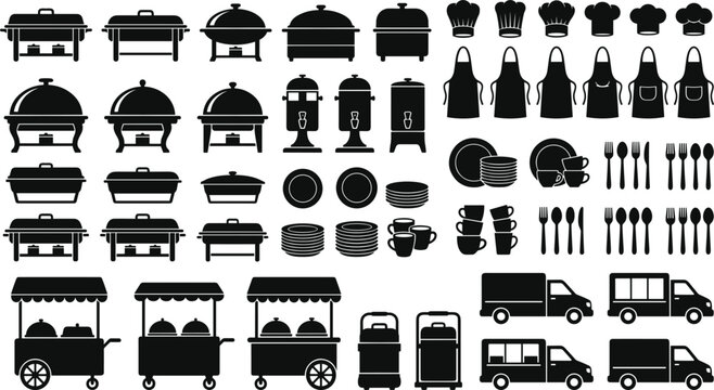 Catering and food buffet service silhouette vector icon set featuring chafing dishes aprons chef hats delivery trucks food carts and tableware