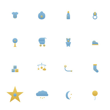 Baby shower icon set - 16 blue and yellow duotone vector icons. Onesie, bib, bottle, pacifier, rattle, stroller, teddy bear, baby shoes and more flat newborn symbols with gradient, isolated.