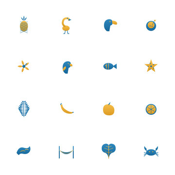 Tropical icon set - 16 blue and yellow duotone vector icons. Pineapple, flamingo, toucan, coconut, hibiscus, parrot, tropical fish, palm leaf and more flat exotic summer symbols with gradient.
