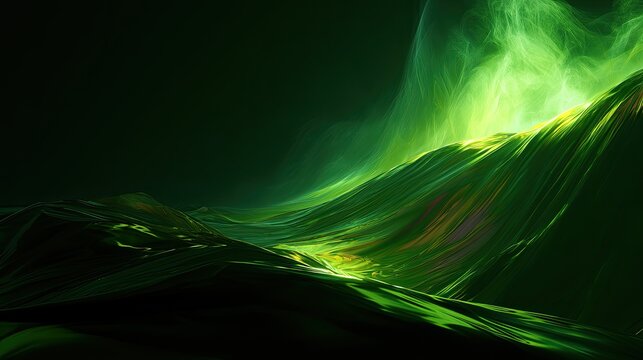 Ethereal green light illuminates a dark, undulating, abstract landscape