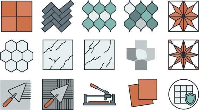 Vector illustration set of floor tiling installation icons including ceramic tiles, herringbone patterns, marble textures, mosaic styles, notched trowels, and tile cutting tool.