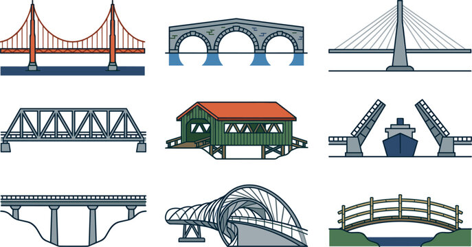 Bridge types vector icon set featuring suspension structure, historic stone arch, cable-stayed pathway, steel truss, wooden covered bridge, drawbridge, overpass, and modern design engineering.