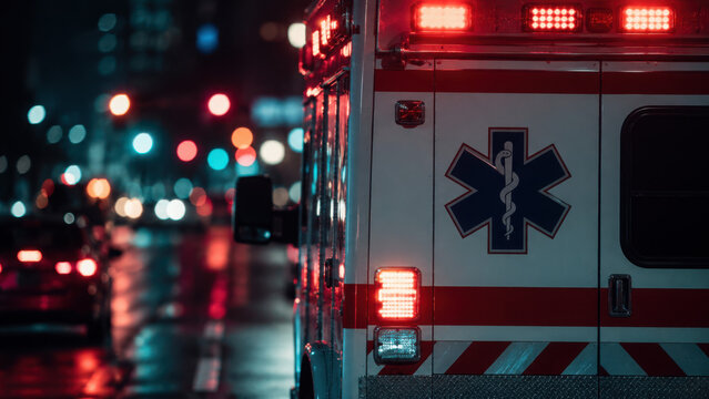 Emergency medical services ambulance with flashing lights responding to urgent call at night