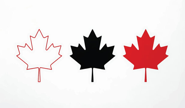 Three maple leaves icons on white background. Set of Canadian leaf symbols for design.