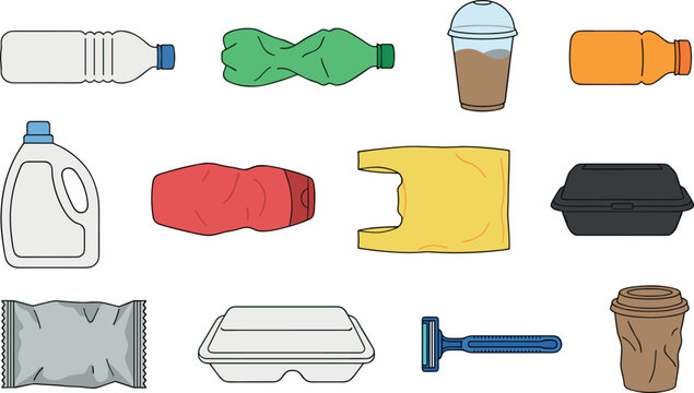 Collection of single use plastic waste and disposable items including bottles cups bags and containers vector illustration set isolated on white background.