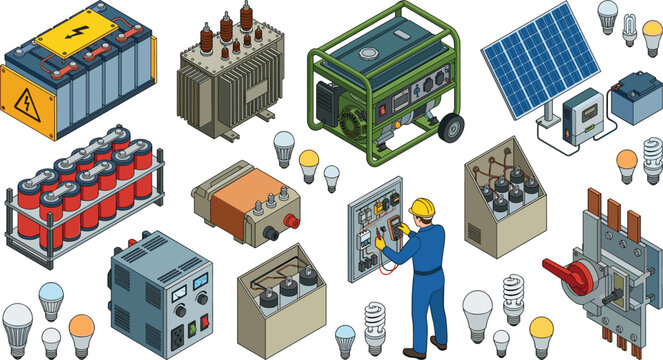 Isometric Electrical Power Grid Utility and Renewable Energy Infrastructure Maintenance Icon Set Featuring Electrician Working Solar Panel Generator Transformers Batteries and Light Bulbs