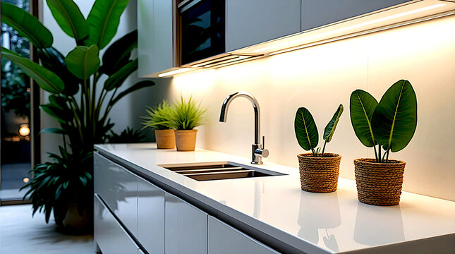 bright minimalistic kitchen countertop with sink and indoor plants