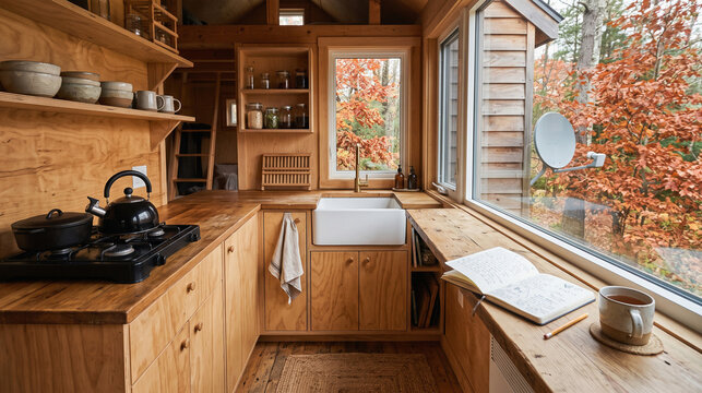 Cozy Off-Grid Cabin Kitchen for Autumn Views and Peaceful Connectivity