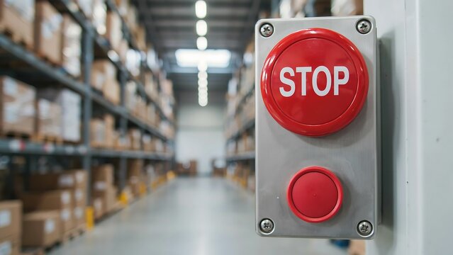 Industrial emergency stop button in warehouse for workplace safety and equipment control