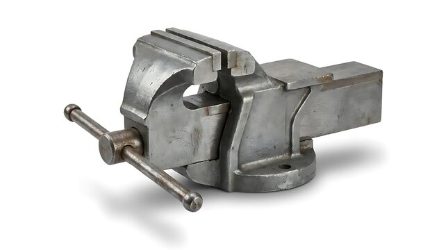 Metal bench vise tool on white background.