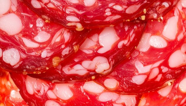 Close up macro of sliced spicy salami sausage meat texture background
