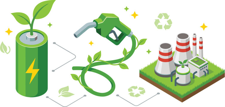 Isometric Sustainable Biofuel and Green Energy Infrastructure Concept Vector Illustration Featuring Eco Friendly Battery Bio Gas Pump Nozzle Hose and Biomass Power Plant Factory