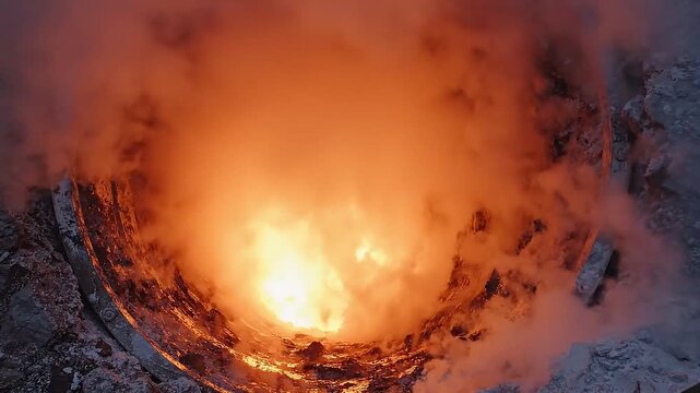 Molten metal pouring into industrial furnace. Intense thermal reaction and bright glow inside metallurgical container. Heavy industry and metal production process.