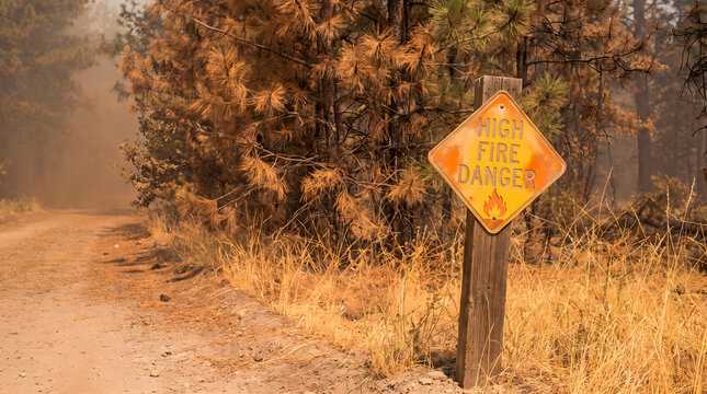 High fire danger warning sign in a dry forest landscape during wildfire season.