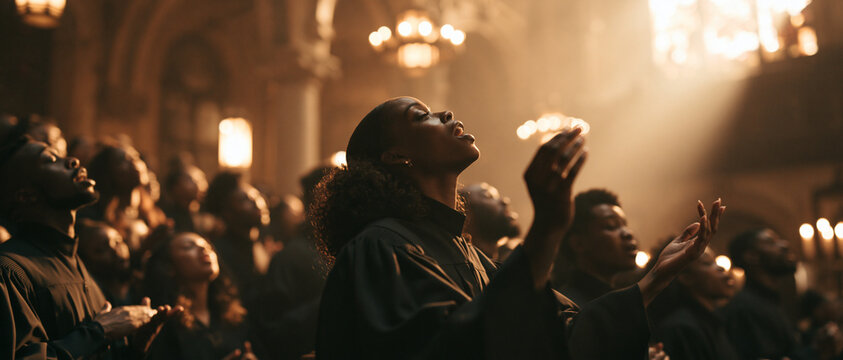 Diverse church congregation during worship with candles, choir music, prayer and joyful unity inside a lit sanctuary