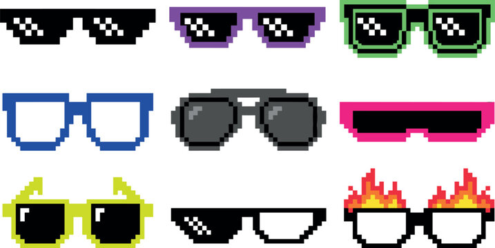 Vector illustration set of pixel art sunglasses and thug life glasses in various colorful retro retro style designs isolated on white background.