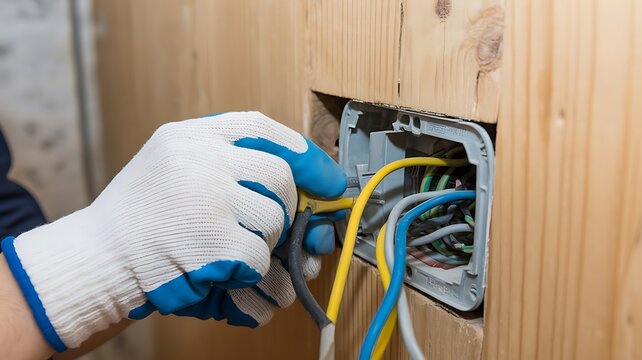 A electrician wearing protective blue and white gloves working on wiring inside a wooden wall junction box during a home renovation