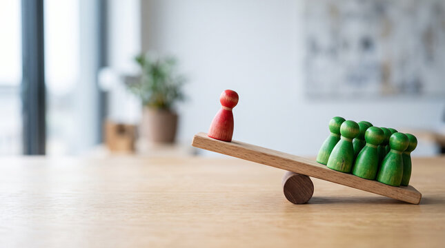 Wooden figurines on seesaw balancing leadership and teamwork concept