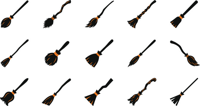 Assorted halloween witch broom icons in black and orange design with halloween broomstick collection decorative illustration mystical minimalist