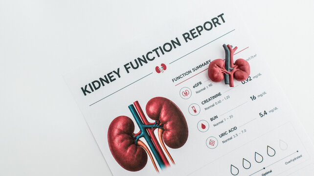 Kidney function report with anatomical models and lab results displayed
