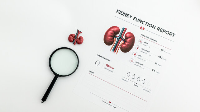 Kidney function report with anatomical model and magnifying glass on white background