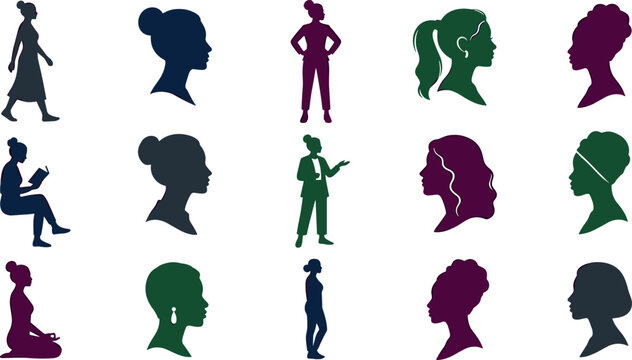 Diverse women profile silhouette and full body pose vector collection featuring reading walking and meditating figures.
