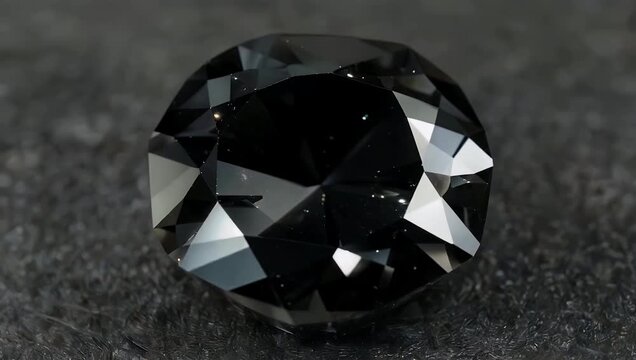 Luxury themed ultra HD 4K 3D render of a flawless black diamond rotating as its multiple polished geometric facets reflect light dramatically to create a dazzling premium gemstone display