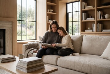 Fototapeta na wymiar Cozy Afternoon Storytime: Mother and Daughter Reading in Sunlit Living Room