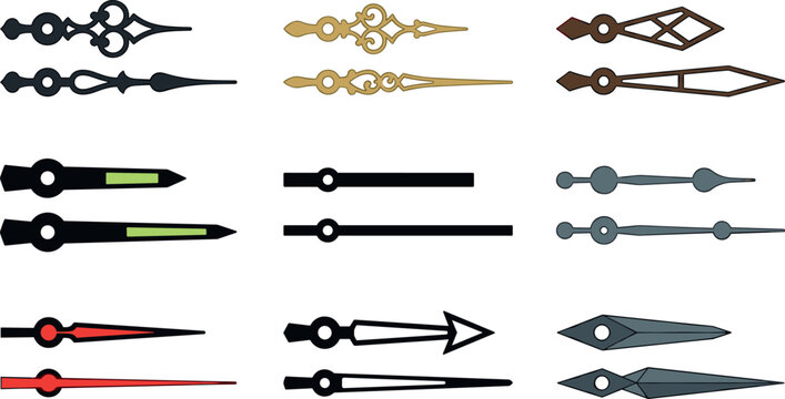 Vintage and modern clock hands vector set containing various watch needle designs including antique ornate gold skeleton styles minimalist bars and glowing sport pointers
