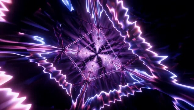Seamless loop 4K 3D motion graphics illustration of a futuristic purple neon triangle corridor engineered as a dynamic fast paced VJ background with continuous forward moving acceleration